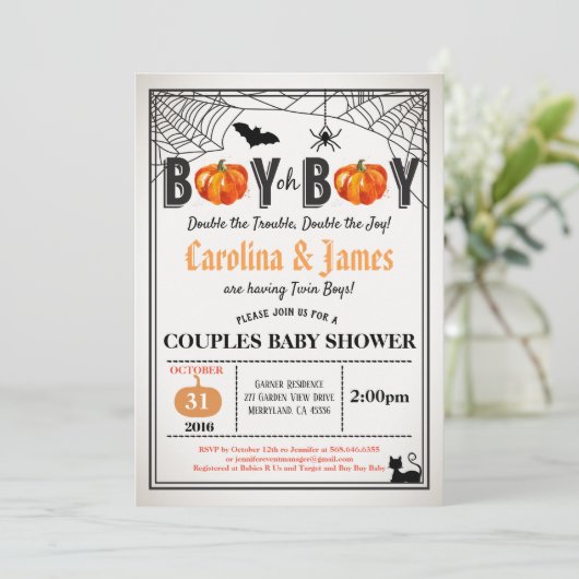 ハロウィーン·カボチャの双子の少年が田舎風にシャワーを浴びた 招待状 (スタンド正面)