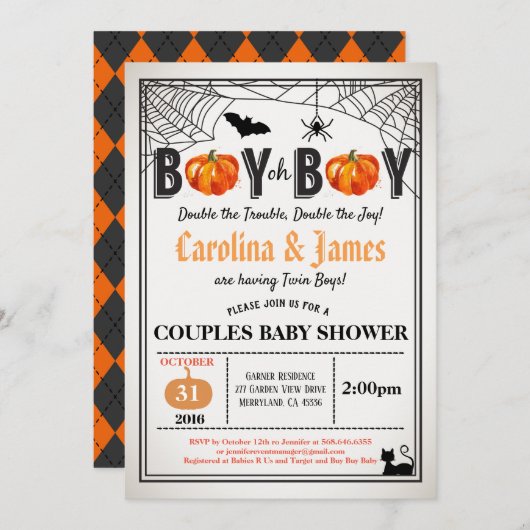 ハロウィーン·カボチャの双子の少年が田舎風にシャワーを浴びた 招待状 (正面/裏面)