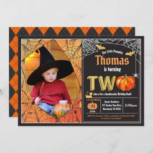 ハロウィーン·カボチャ2枚目の誕生日パーティー写真 招待状 (正面/裏面)