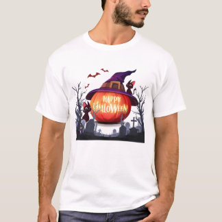 ハロウィーン・カボチャ、ウィッチハット、黒猫 Tシャツ