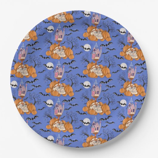 ハロウィーン、カボチャ、スカルとこうもりパーティープレート ペーパープレート (正面)