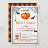 ハロウィーン·カボチャ·兄弟姉妹の共同誕生日パーティー 招待状 (正面/裏面)