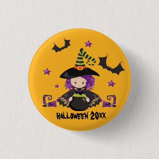 ハロウィーン カートゥーン 魔女 コウモリ 大鍋 緑のポーション 缶バッジ (正面)