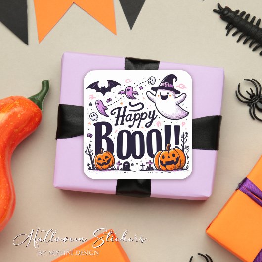 ハロウィーン キッズ Funny Ghosts and Pumpkins Happy Boo スクエアシール