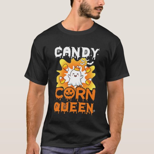 ハロウィーン キャンディコーン クイーン おばけ コウモリ クモの巣 Tシャツ (正面)