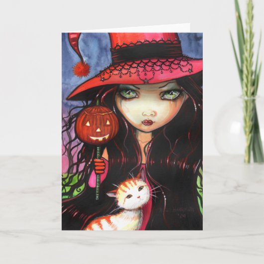 ハロウィーン ゴシック 魔女 猫 グリーティングカード (正面)