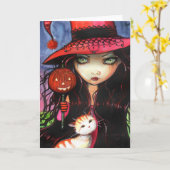 ハロウィーン ゴシック 魔女 猫 グリーティングカード (黄色い花)