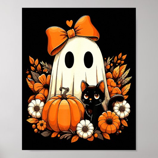 ハロウィーン ゴースト 黒猫 フローラル グルービー ポスター (正面)