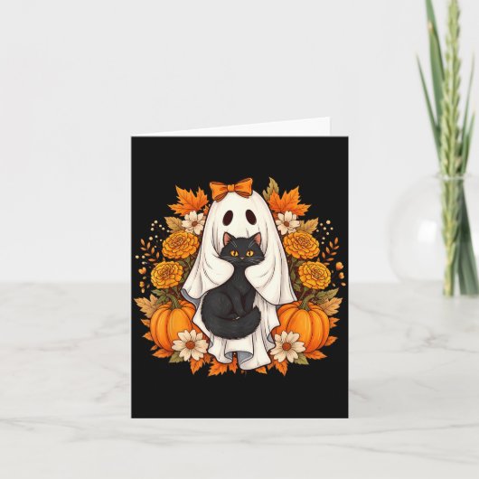 ハロウィーン ゴースト 黒猫 花 カード (正面)
