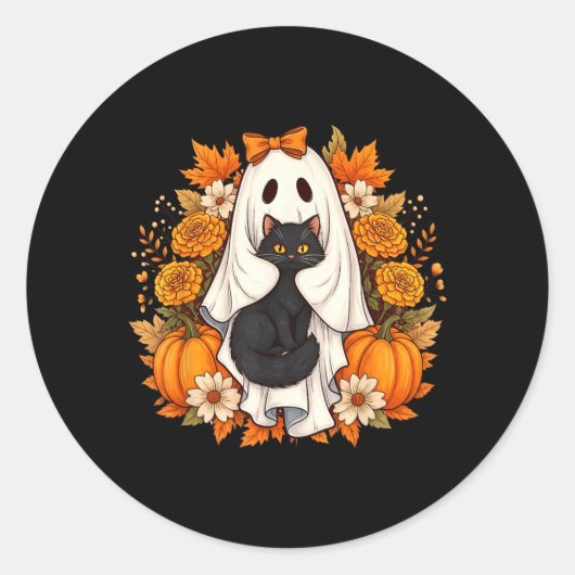 ハロウィーン ゴースト 黒猫 花 ラウンドシール (正面)