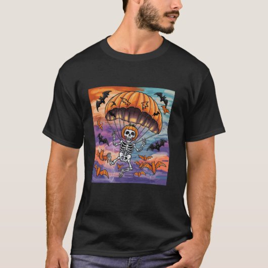 ハロウィーン スケルトンのスカイダイビング Tシャツ (正面)