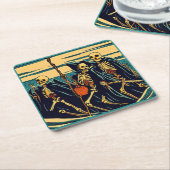 ハロウィーン – スケルトン木版画3 スクエアペーパーコースター (アングル)