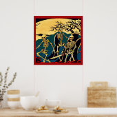 ハロウィーン – スケルトン木版画4 ポスター (キッチン)