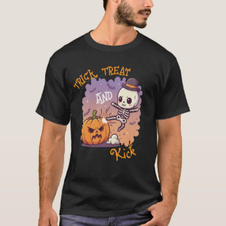 ハロウィーン スケルトン おもしろTシャツ "トリックorトリートorキック" Tシャツ