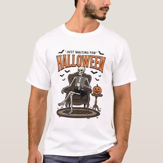 ハロウィーン スケルトン ただ待っている おもしろ ヴィンテージ_1 Tシャツ (正面)