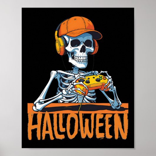 ハロウィーン スケルトン ゲーマー おもしろい ゲーム好き 少年 ポスター (正面)