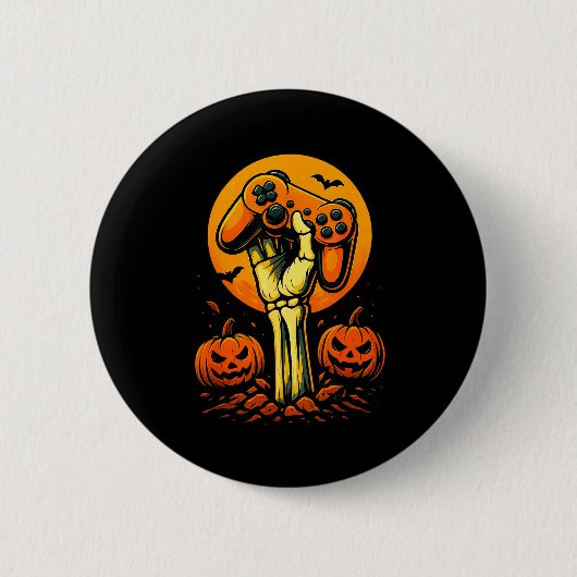 ハロウィーン スケルトン ゲーマー ゲーム コントローラー B 缶バッジ (正面)