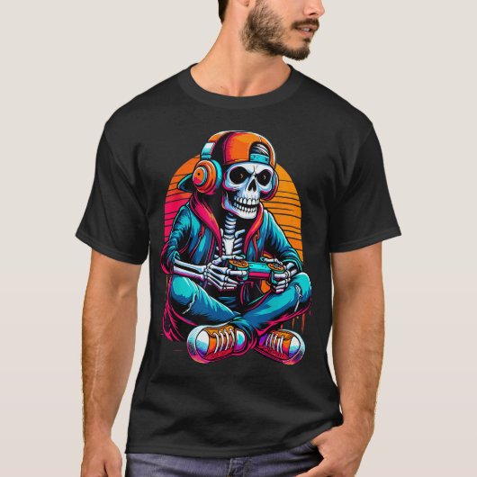 ハロウィーン スケルトン ゲーマー ビデオ ゲーム Tシャツ (正面)
