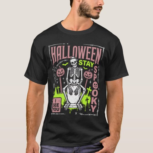 ハロウィーン スケルトン 墓場 グラフィック ステイ スプーキー Tシャツ (正面)
