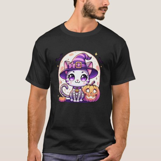 ハロウィーン スケルトン 猫 子猫 魔女 女子 Tシャツ (正面)