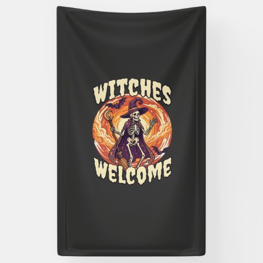 ハロウィーン スケルトン 魔女の箒 バット 魔法使い ウェルカム 横断幕 (縦)