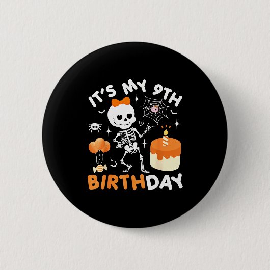ハロウィーン スケルトン 9歳の誕生日を祝おう 面白い 缶バッジ (正面)