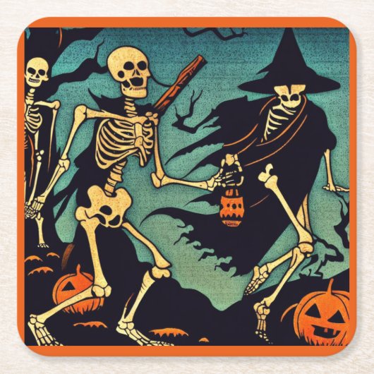 ハロウィーン – スケルトンWoodcut 2 スクエアペーパーコースター (正面)