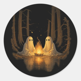 ハロウィーン スプーキーゴーストキャンプファイヤー夜の森アート ラウンドシール