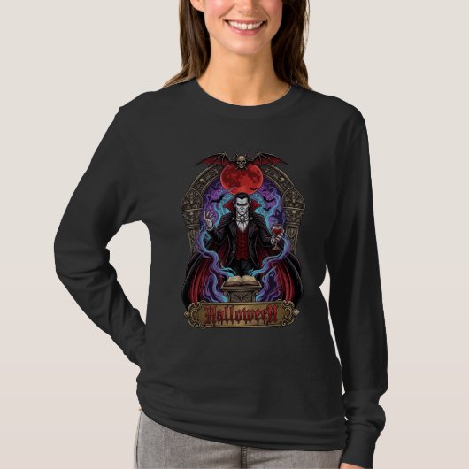 ハロウィーン ドラキュラ 赤い月 コウモリ ドクロ_1 Tシャツ (正面)