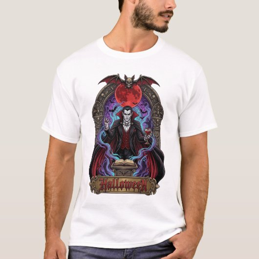 ハロウィーン ドラキュラ 赤い月 コウモリ ドクロ_1 Tシャツ (正面)