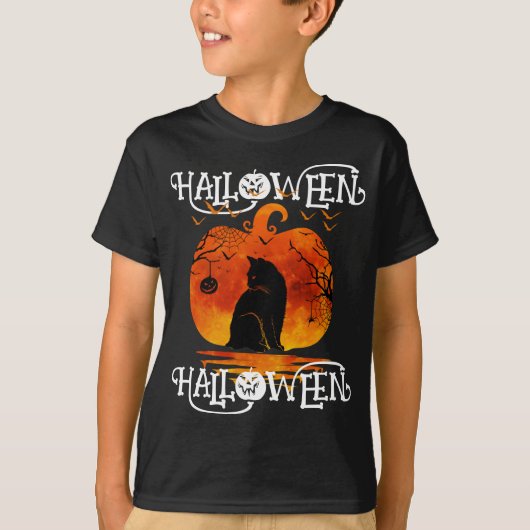 ハロウィーン ハロウィーン 猫 黒いカボチャ Tシャツ (正面)