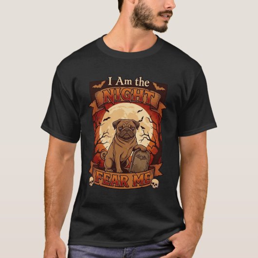 ハロウィーン パグ 月の墓石 私を怖がらせろ Tシャツ (正面)