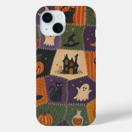 ハロウィーン パッチワーク おばけ 猫 幽霊の家のケース iPhone 15ケース