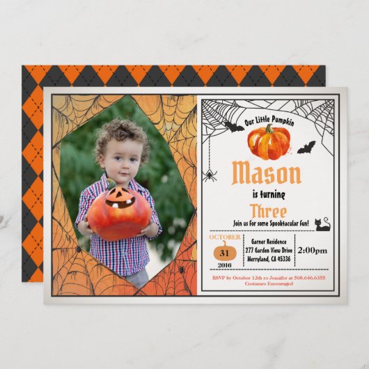ハロウィーン·パンプキンの子ども誕生日パーティーの写真 招待状 (正面/裏面)