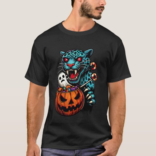 ハロウィーン ヒョウ 不気味 おばけ お菓子入れ 3 Tシャツ (正面)