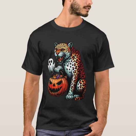 ハロウィーン ヒョウ 幽霊 お菓子入れ 4 Tシャツ (正面)