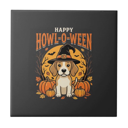 ハロウィーン ビーグル おばけ かぼちゃ デザイン_1 タイル (正面)