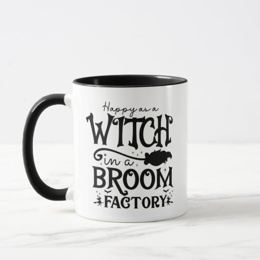 ハロウィーン ホウキ工場の魔女のように幸せ マグカップ (左)