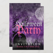 ハロウィーン ムーン & スパイダー ウェブ パープル インビテーション (正面/裏面)