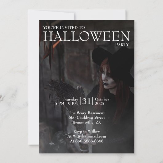 ハロウィーン モダンゴシック 魔法使いの箒 暗い写真 招待状 (正面)