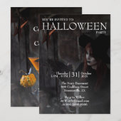 ハロウィーン モダンゴシック 魔法使いの箒 暗い写真 招待状 (正面/裏面)
