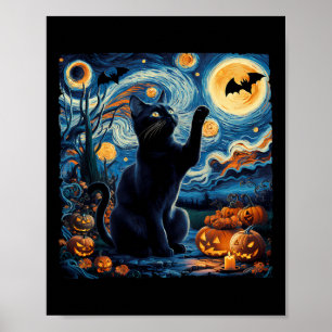 ハロウィーン・ヴァンゴッホ星空の夜ブラックキャットカボチャ ポスター