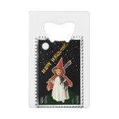 ハロウィーン – 小さな女の子と箒と黒猫 クレジットカード栓抜き (正面)