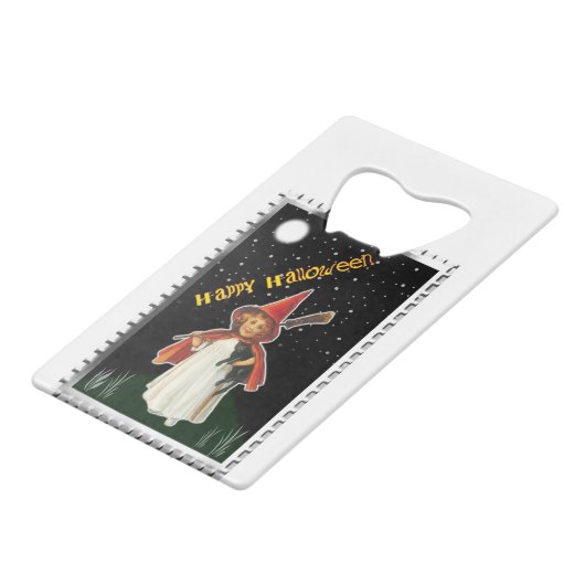 ハロウィーン – 小さな女の子と箒と黒猫 クレジットカード栓抜き (正面アングル)