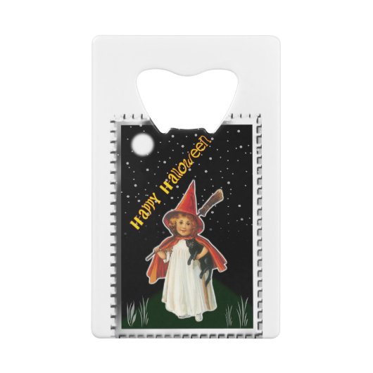 ハロウィーン – 小さな女の子と箒と黒猫 クレジットカード栓抜き (裏面)