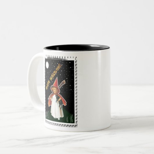 ハロウィーン – 小さな女の子と箒と黒猫 ツートーンマグカップ (正面左)
