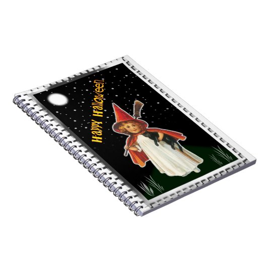 ハロウィーン – 小さな女の子と箒と黒猫 ノートブック (右側)
