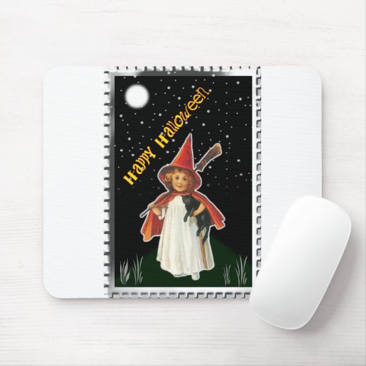 ハロウィーン – 小さな女の子と箒と黒猫 マウスパッド (マウス)
