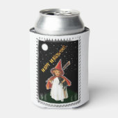 ハロウィーン – 小さな女の子と箒と黒猫 缶クーラー (缶正面)