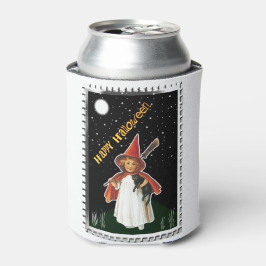 ハロウィーン – 小さな女の子と箒と黒猫 缶クーラー (缶正面)